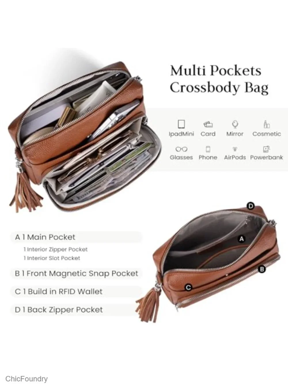 Genuine Leather Crossbody Purse with RFID Wallet and Adjustable Strap